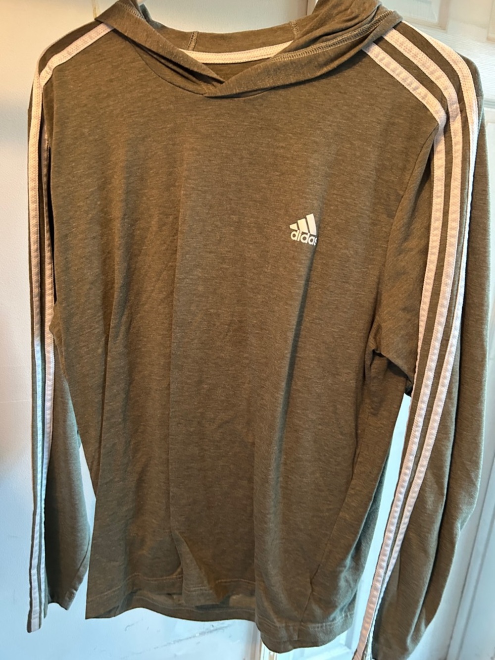 adidas Olive Green Hooded Long-Sleeve with White Stripes